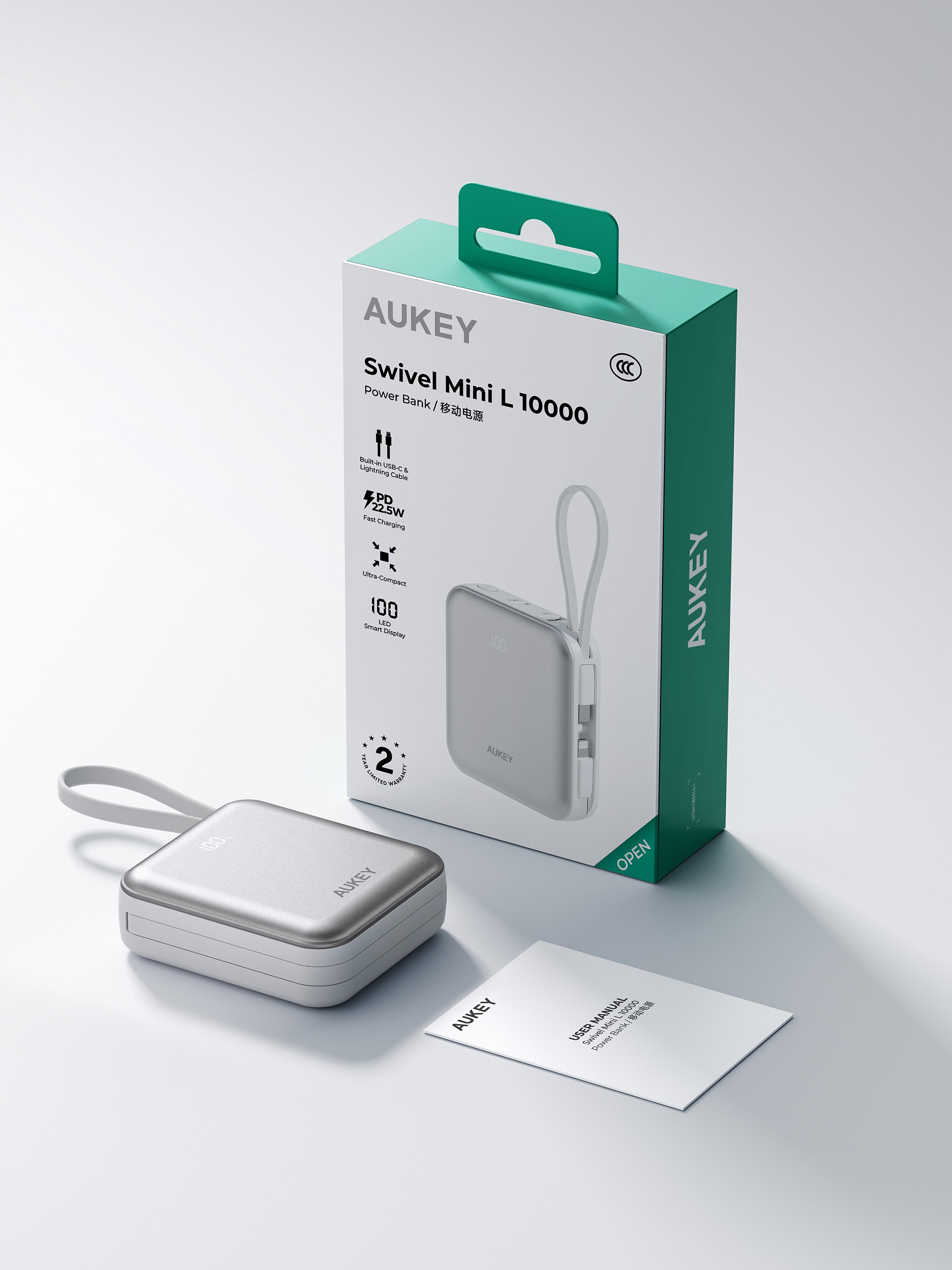AUKEY Swivel Mini L 10000 22.5W 10000mAh Power Bank with Built-in USB-C and Lightning Cables PB-Y91L