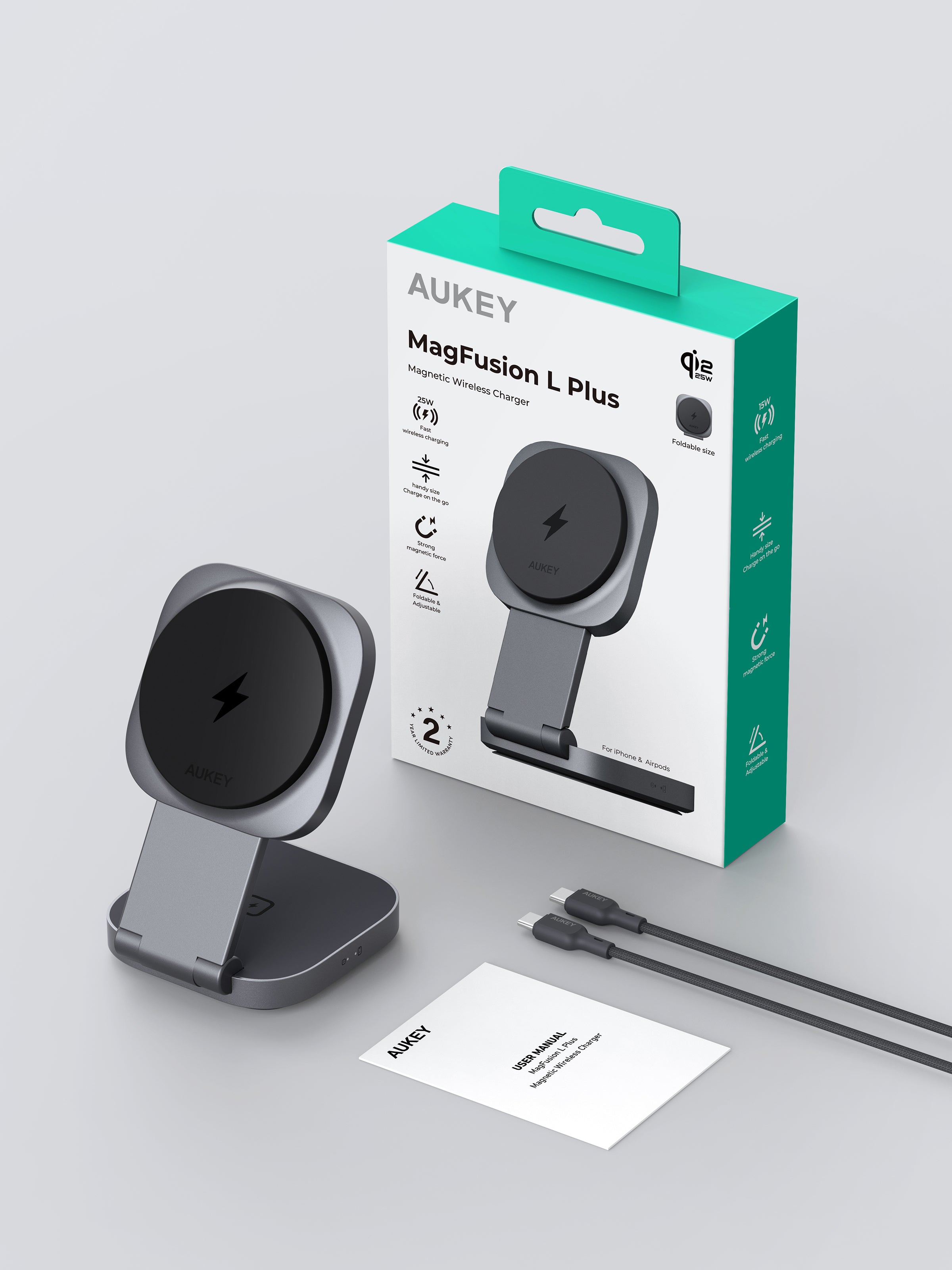 AUKEY MagFusion L Plus Foldable 2-in-1 Magnetic Wireless Charger LC-MC211P