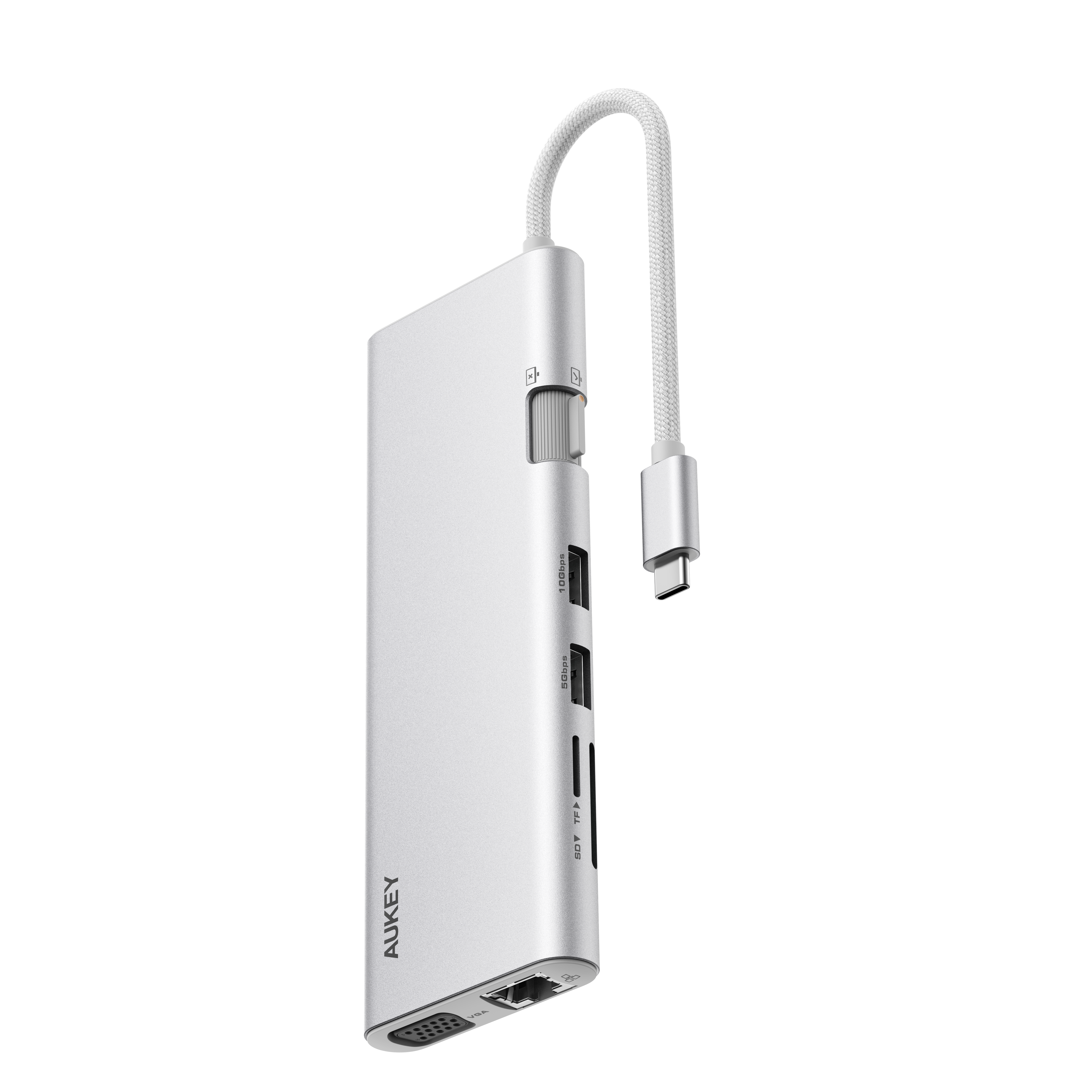 USB-C hub with multiple ports on a white background, featuring the AUKEY brand.