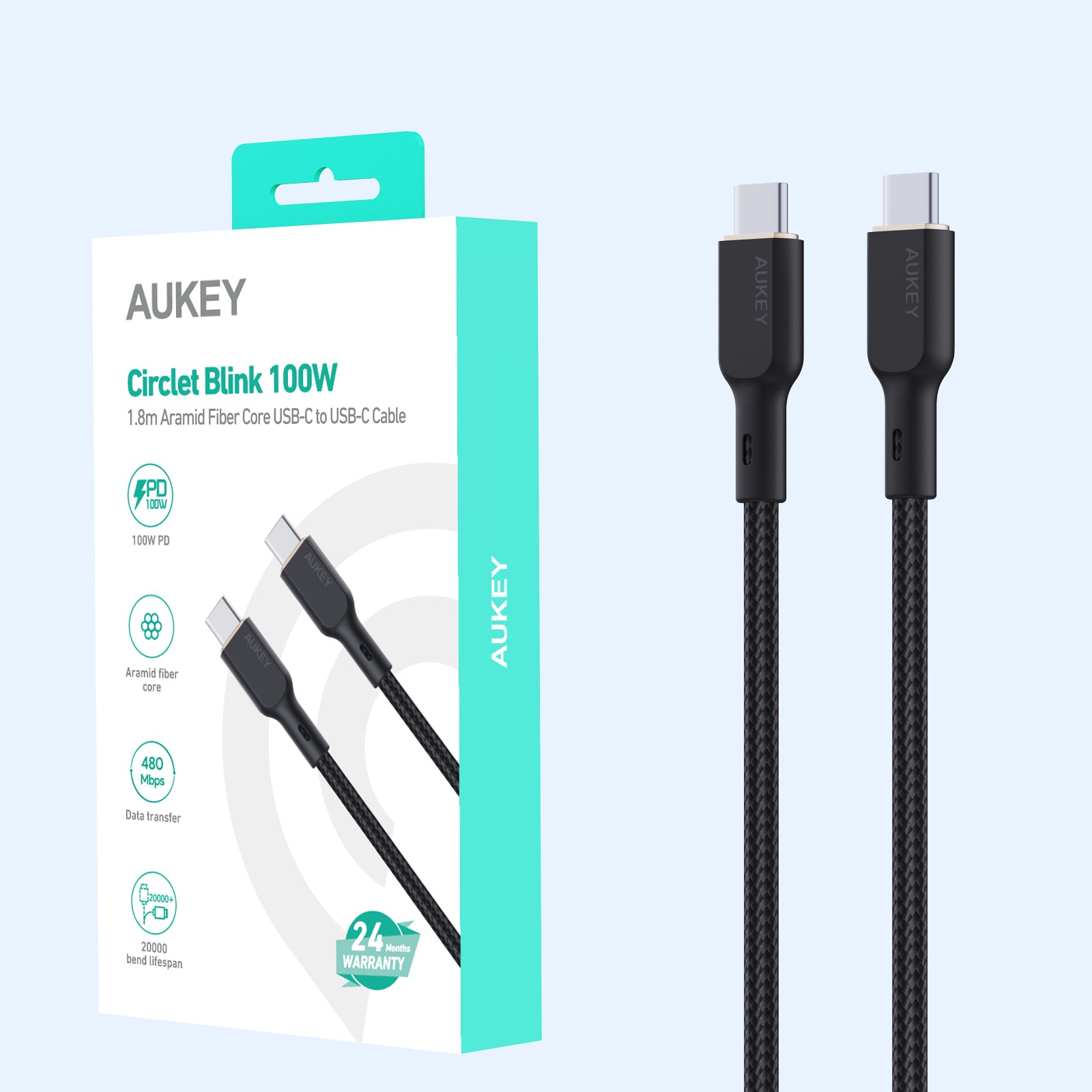 AUKEY CB-KCC102 Circlet Blink 100W 1.8m Aramid Fiber Core USB-C to USB-C Cable