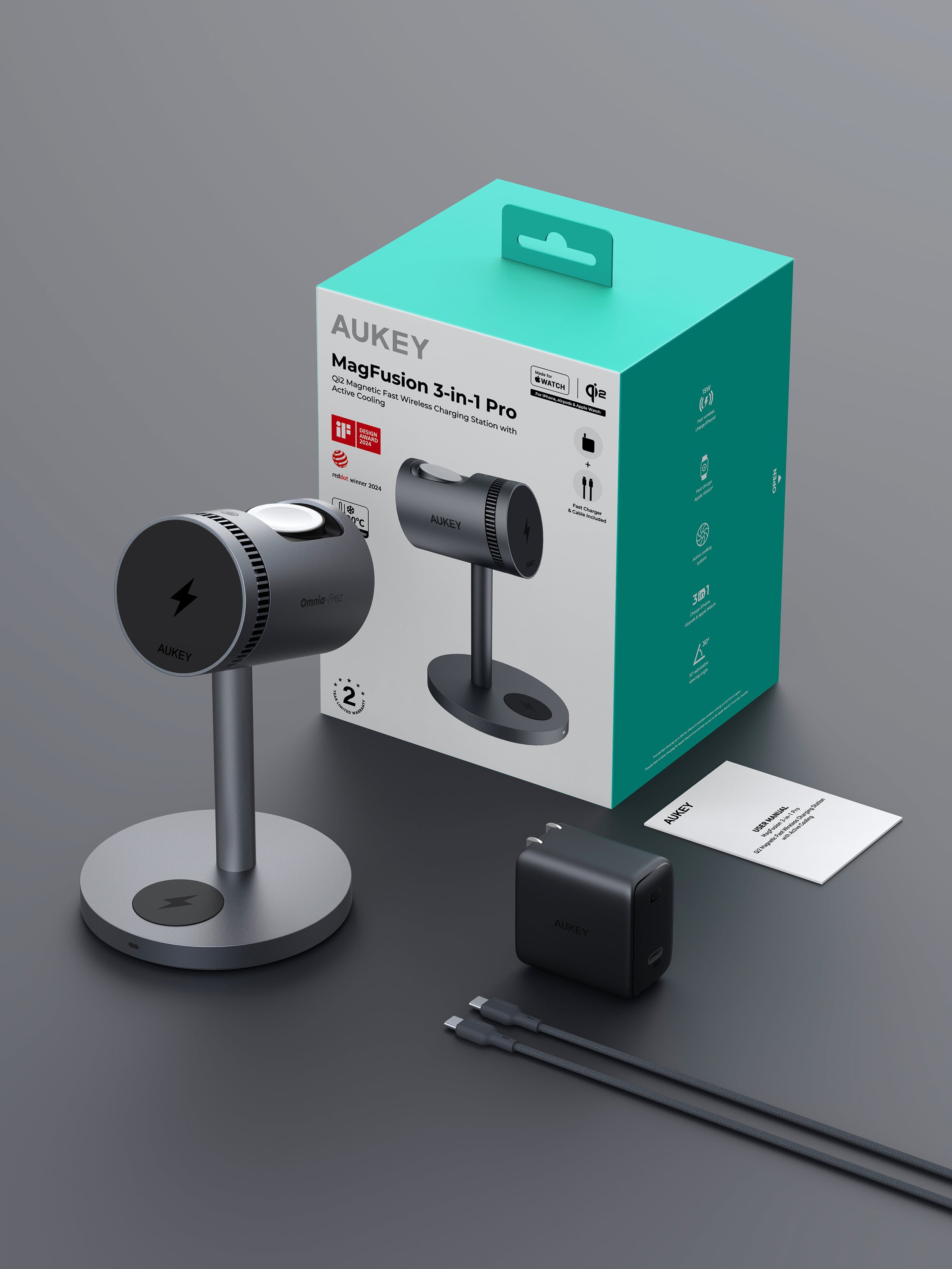 AUKEY LC-MC311A MagFusion 3-en-1 Pro Qi2 Station de charge sans fil à refroidissement actif