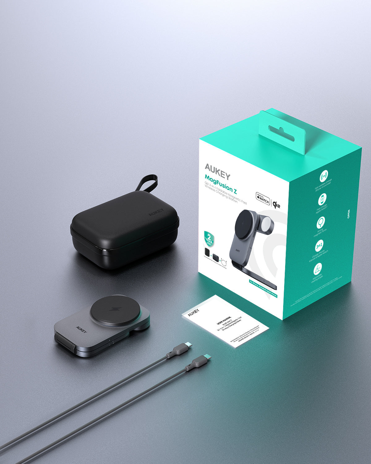 AUKEY MagFusion Z Pro 3-in-1 foldable wireless charger station charging multiple devices