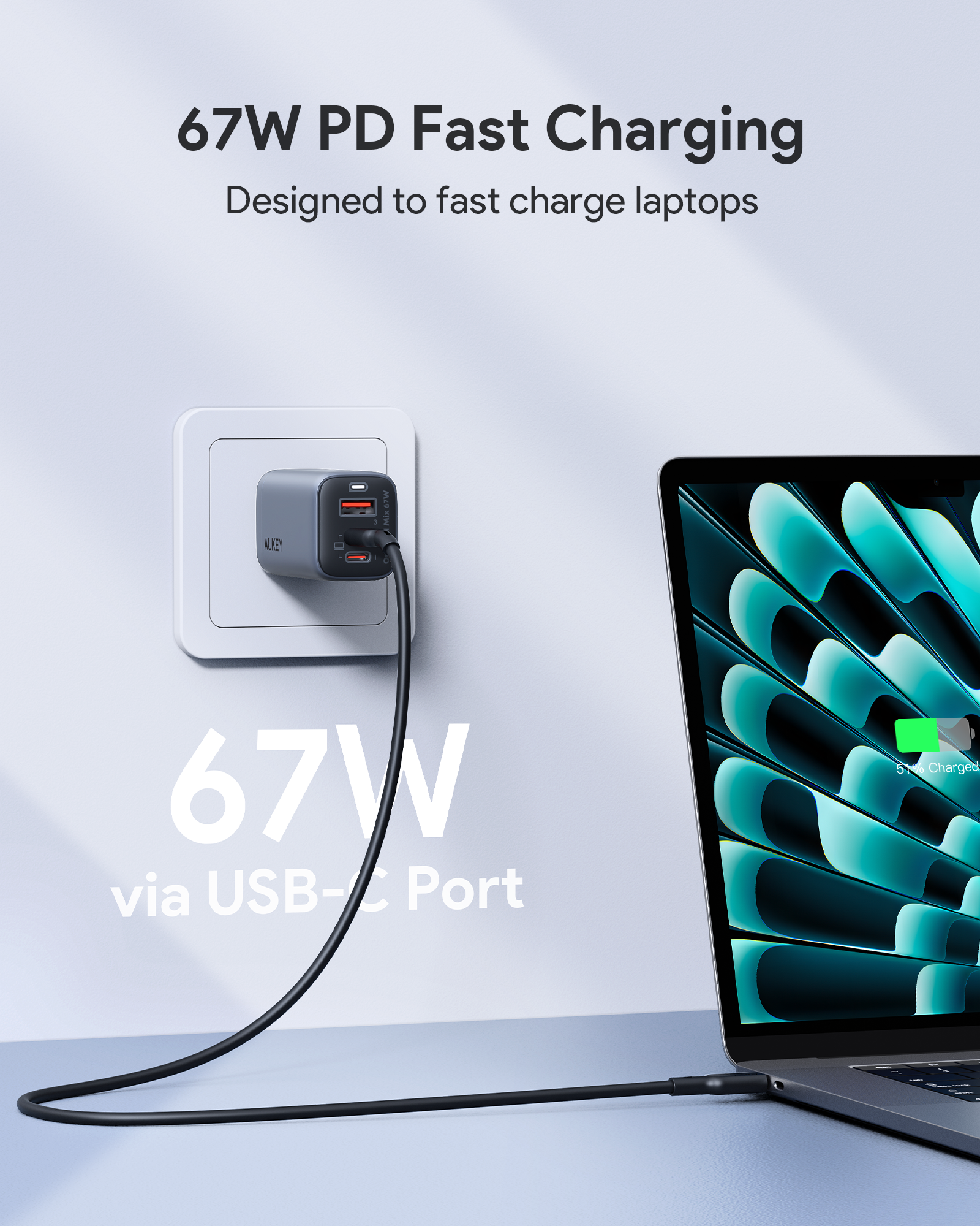 AUKEY PA-B6U  VoltApex II Mix 67W UFCS 3-Port Wall Charger with GaN Technology
