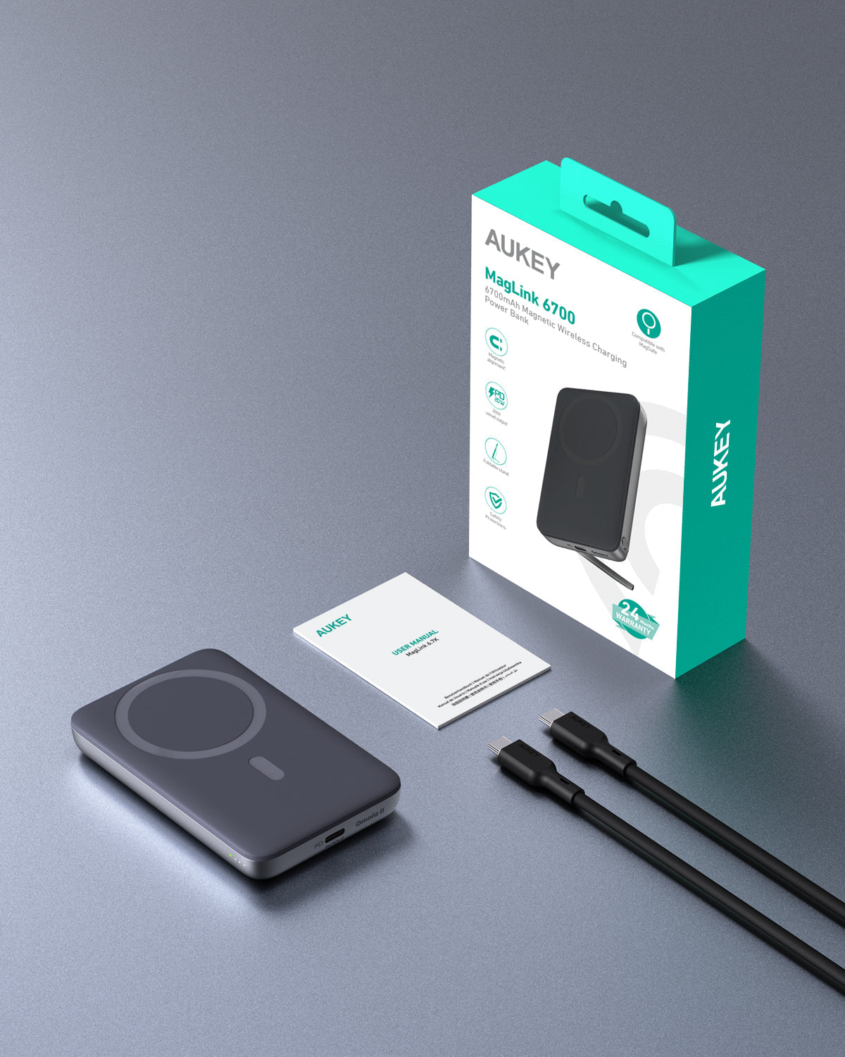 AUKEY PB-MS01 MagFusion 6700mAh 20W Magnetic Wireless Charging Power Bank USB C-C  Included Gray