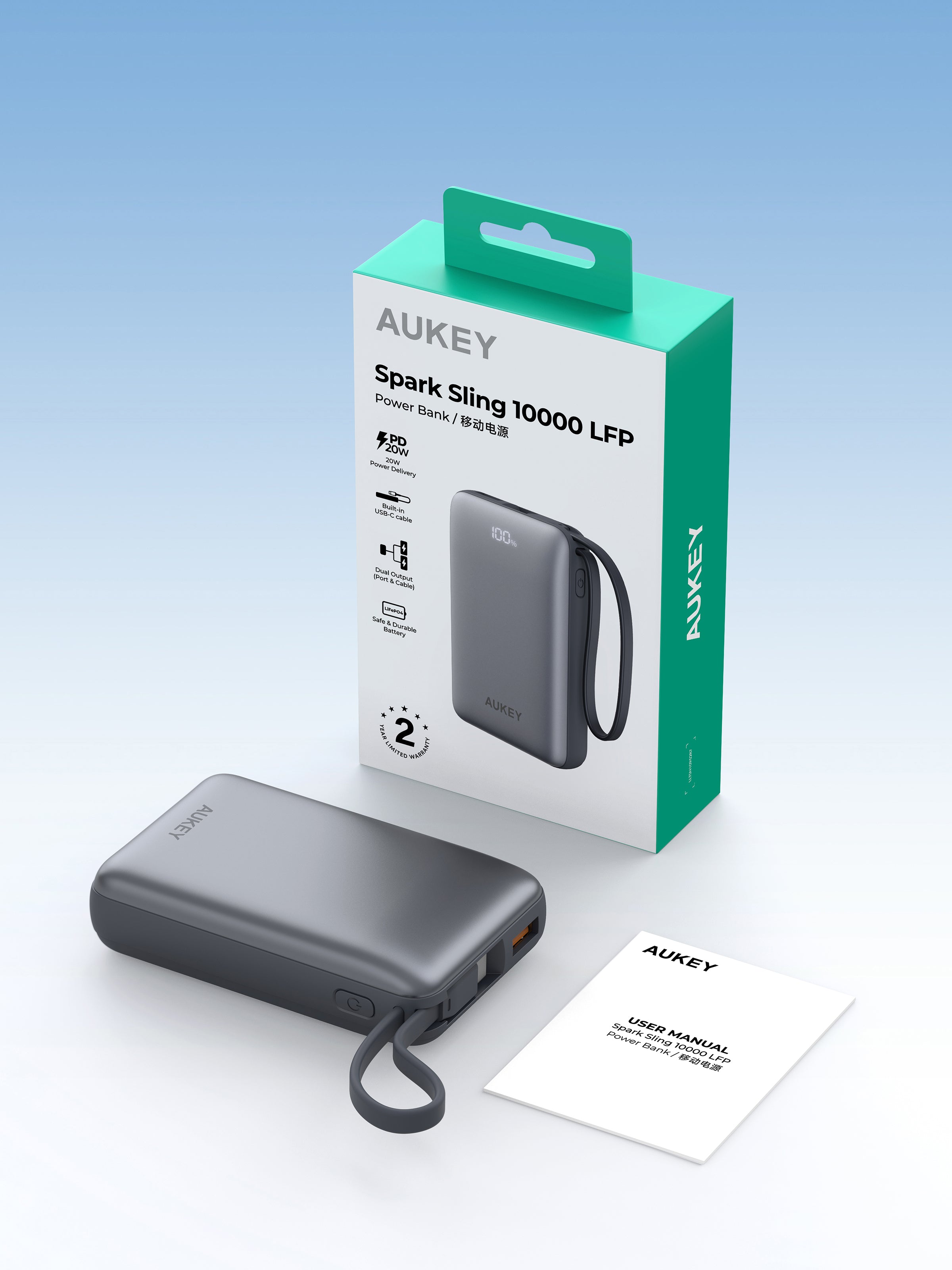 AUKEY Spark Sling 10000 LFP Power Bank with Built-in USB-C Cable PB-Y68
