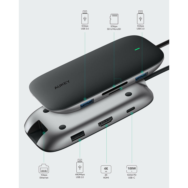 AUKEY CBC78 12 in 1 USB C Hub with Gigabit Ethernet, Dual 4K HDMI, VGA  Silver