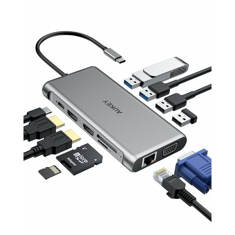 tælle trængsler Dom AUKEY CBC78 12 in 1 USB C Hub with Gigabit Ethernet, Dual 4K HDMI, VGA