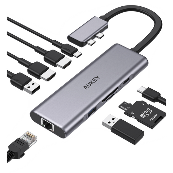AUKEY CBC78 12 in 1 USB C Hub with Gigabit Ethernet, Dual 4K HDMI, VGA  Silver