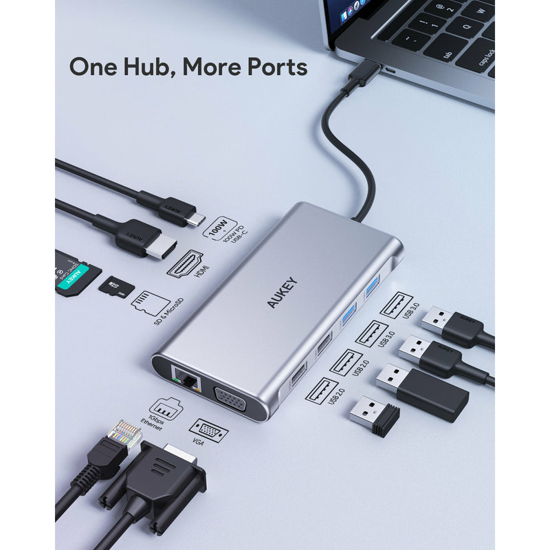 AUKEY CB-C89 10 in 1 USB C Hub with 4K HDMI & VGA Silver