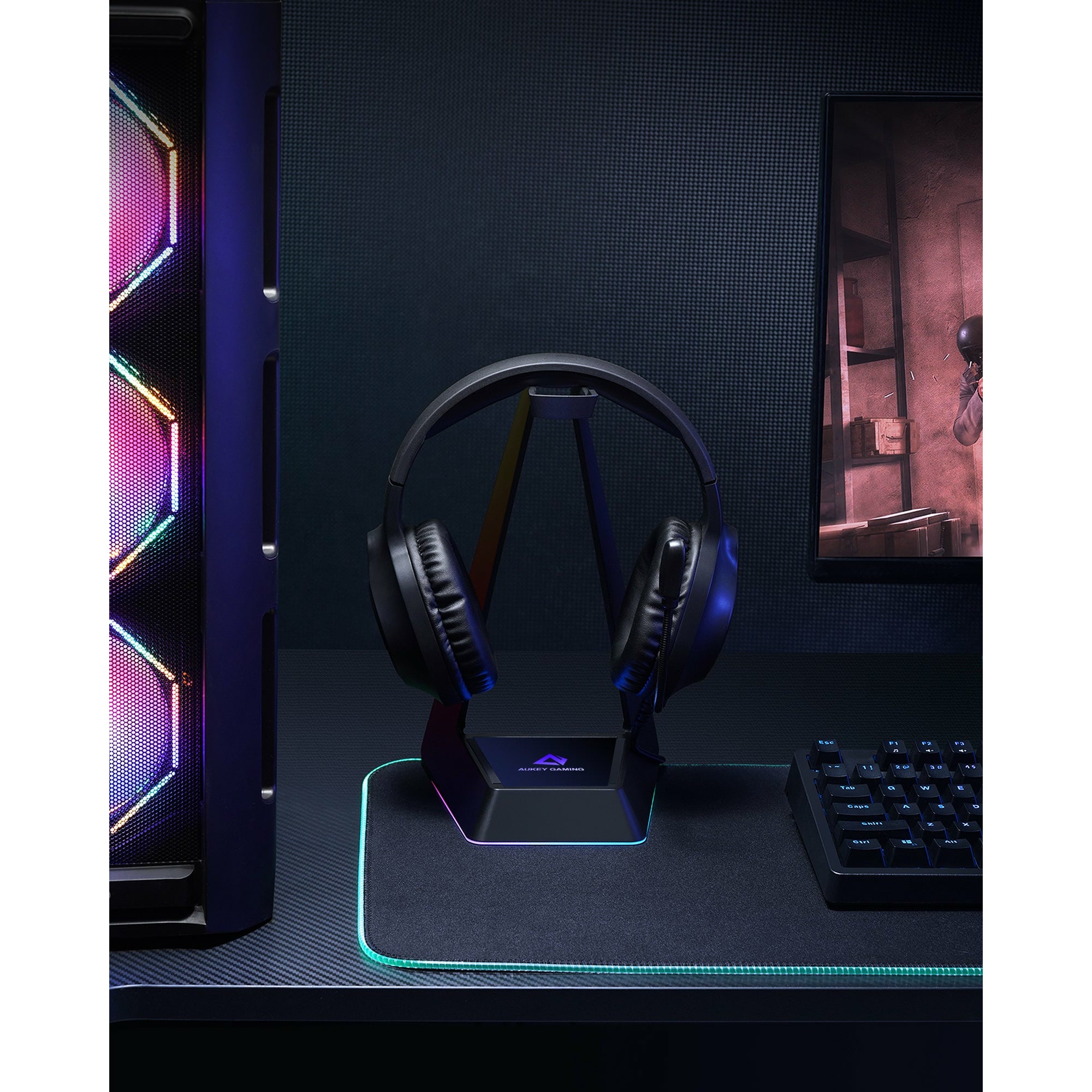 AUKEY GHS8 RGB Headphone Stand with 3 USB Ports 8 Lighting Effects