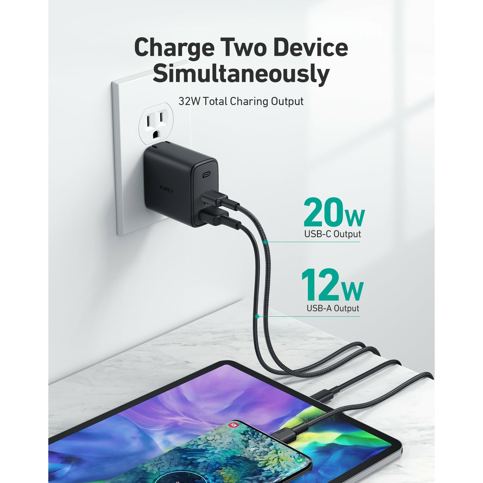 AUKEY PA-F3S Swift Charger Mix 32W Dual-Port Cube Plug Power with Cable